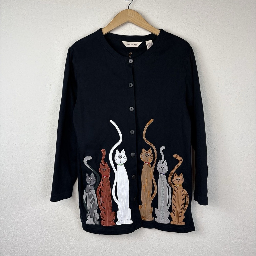 Vtg Bechamel S Cat Sweater Cardigan Oversized Crazy Cat Lady Embroidered Cotton